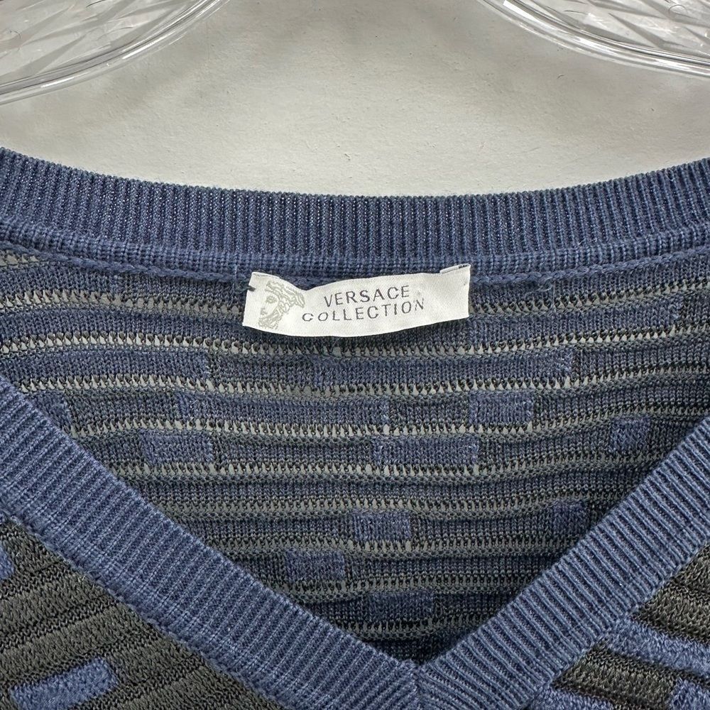 Versace Collection Blue & Black Wool Blend Mesh Knit V-neck Sweater Size M - Picture 7 of 14
